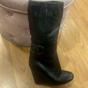 Black leather Chanel mid calf wedge heel boot